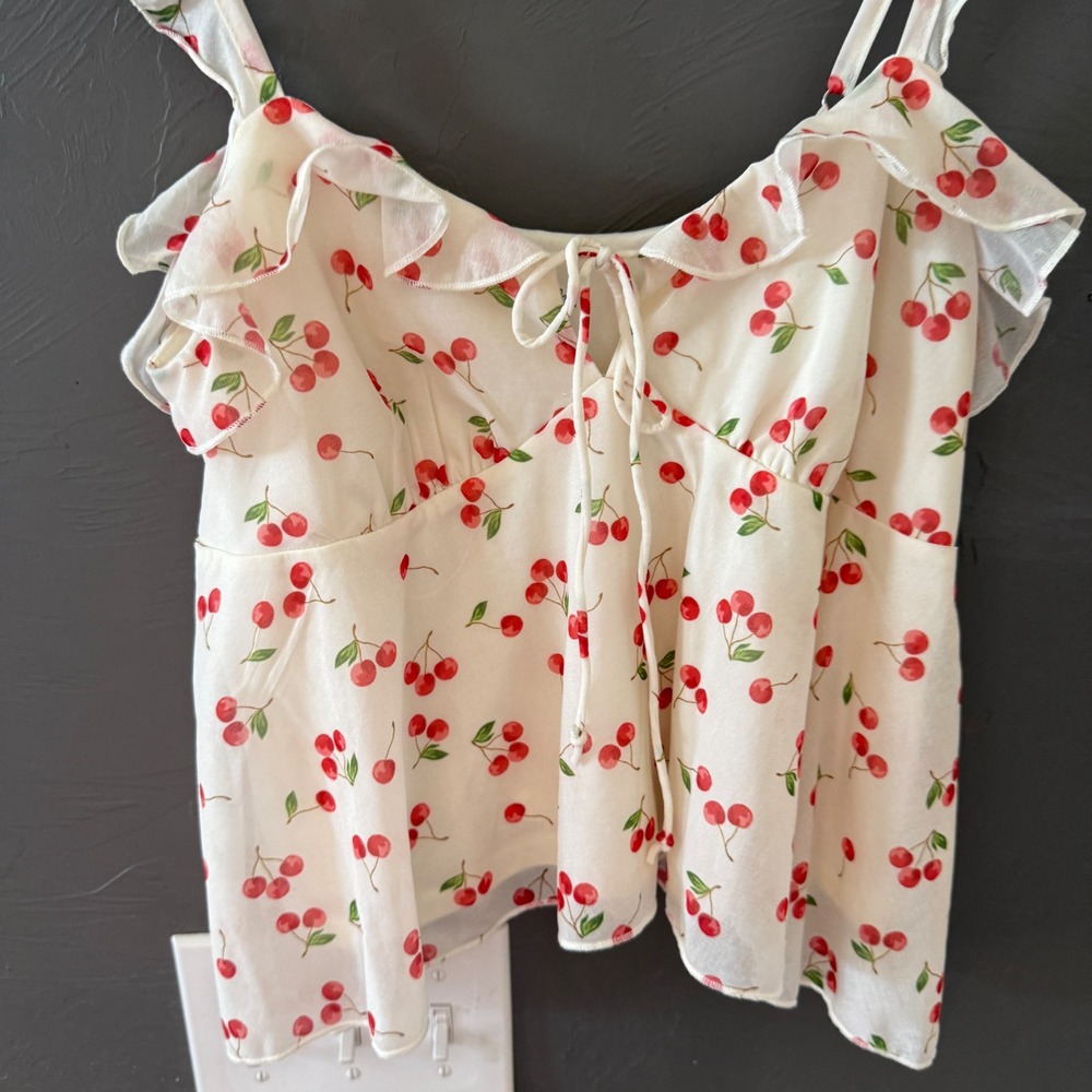Wild Fable White Cherry Print Ruffle Camisole Top Sm Tie Front Babydoll Coquette - Picture 3 of 7